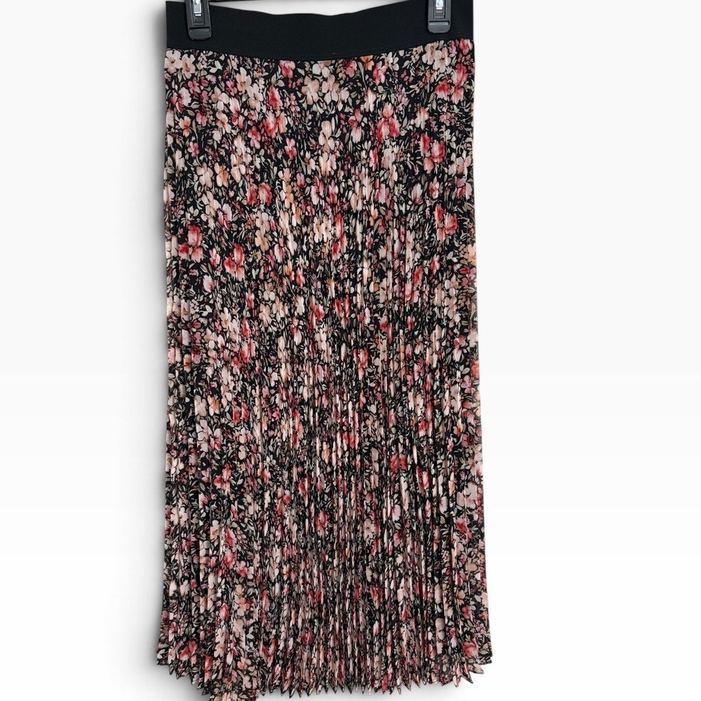 Marella Black Floral Pleated Midi Skirt Elastic Waist Women's Size M